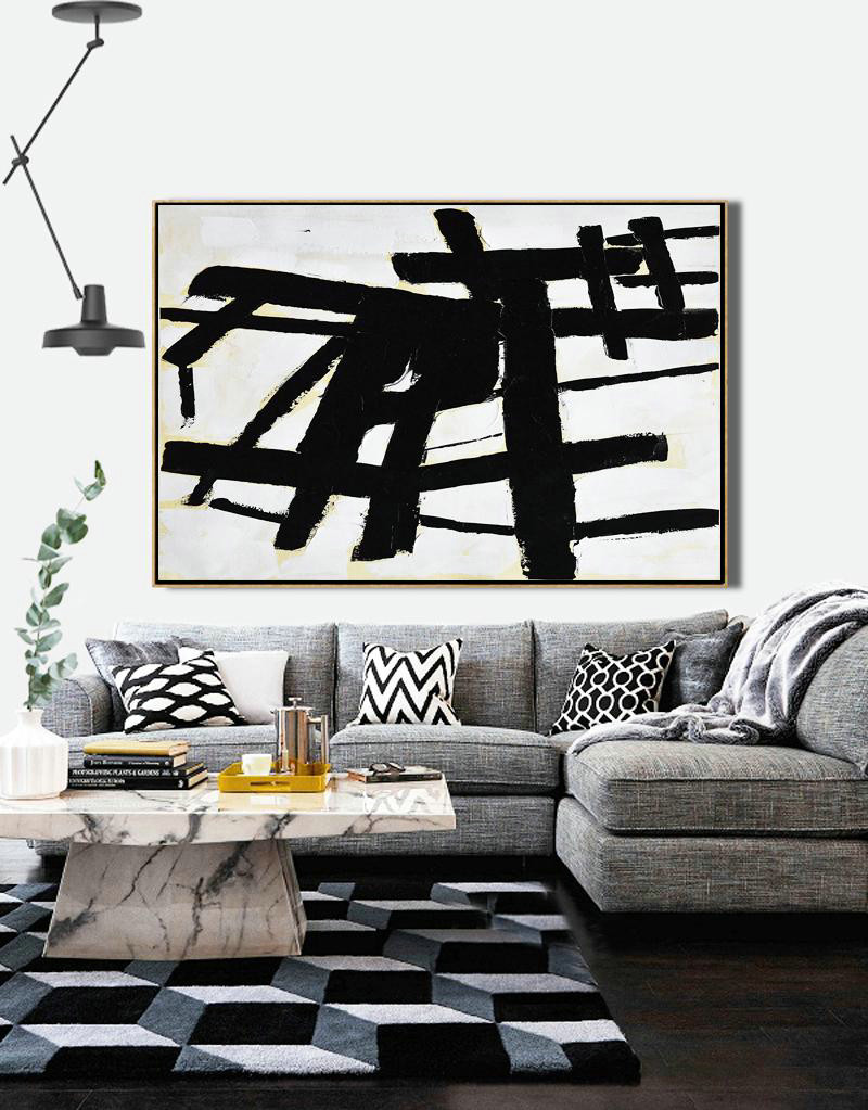 Original Art Acrylic Painting,Horizontal Palette Knife Minimal Canvas Art Painting Black White Beige - Large Contemporary Art Canvas Painting